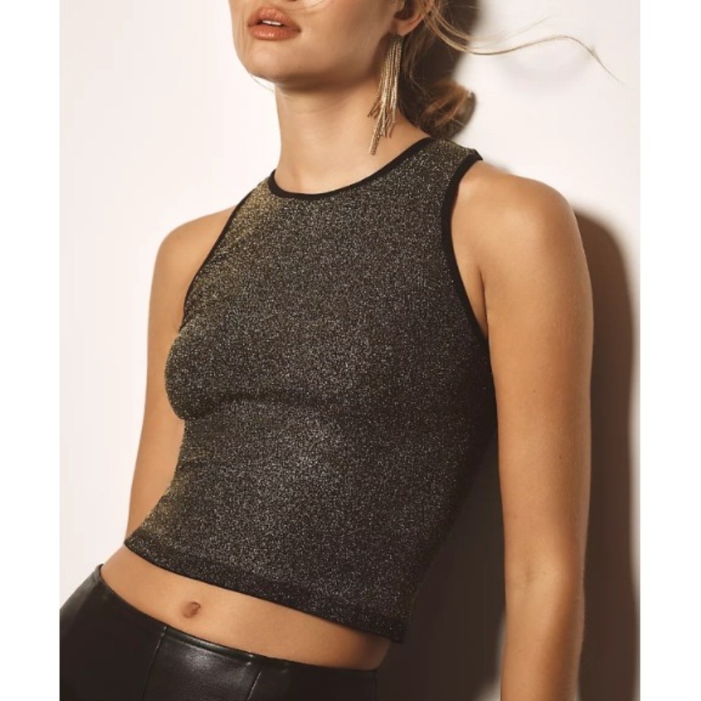 New Anthropologie Reegan Ribbed Crop Tank Top Black/Gold Women Size S/M Metallic